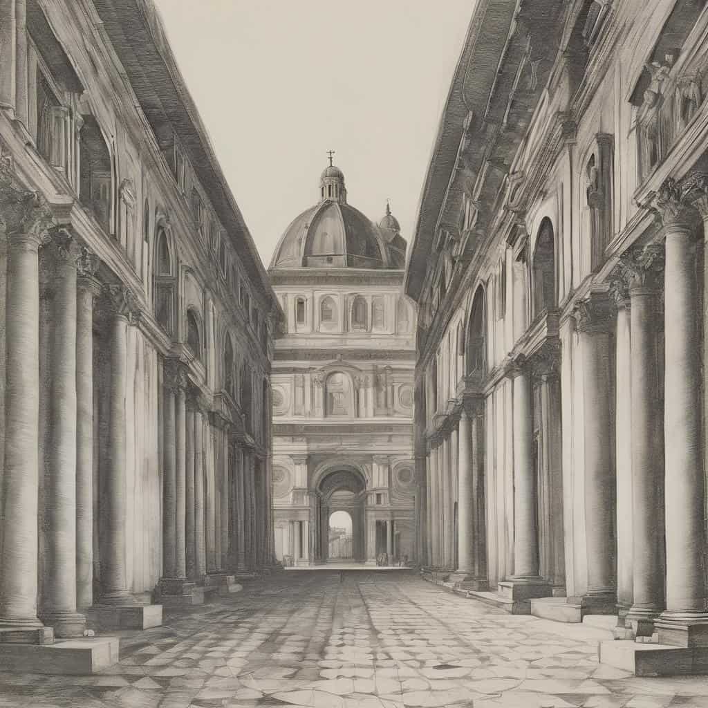 Οπτική γωνία αρχαίων θεσμών και αρχιτεκτονικής μελανόγραφο.