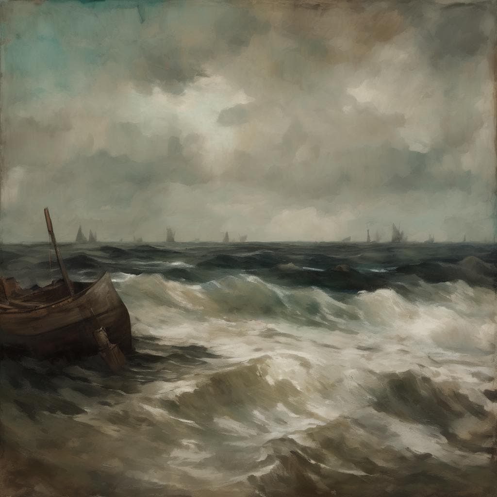 Απέραντη θάλασσα σε ζωγραφική, με κατεστραμμένο πλοίο και κύματα, τέχνη ως προσωπική έκφραση και έμπνευση.