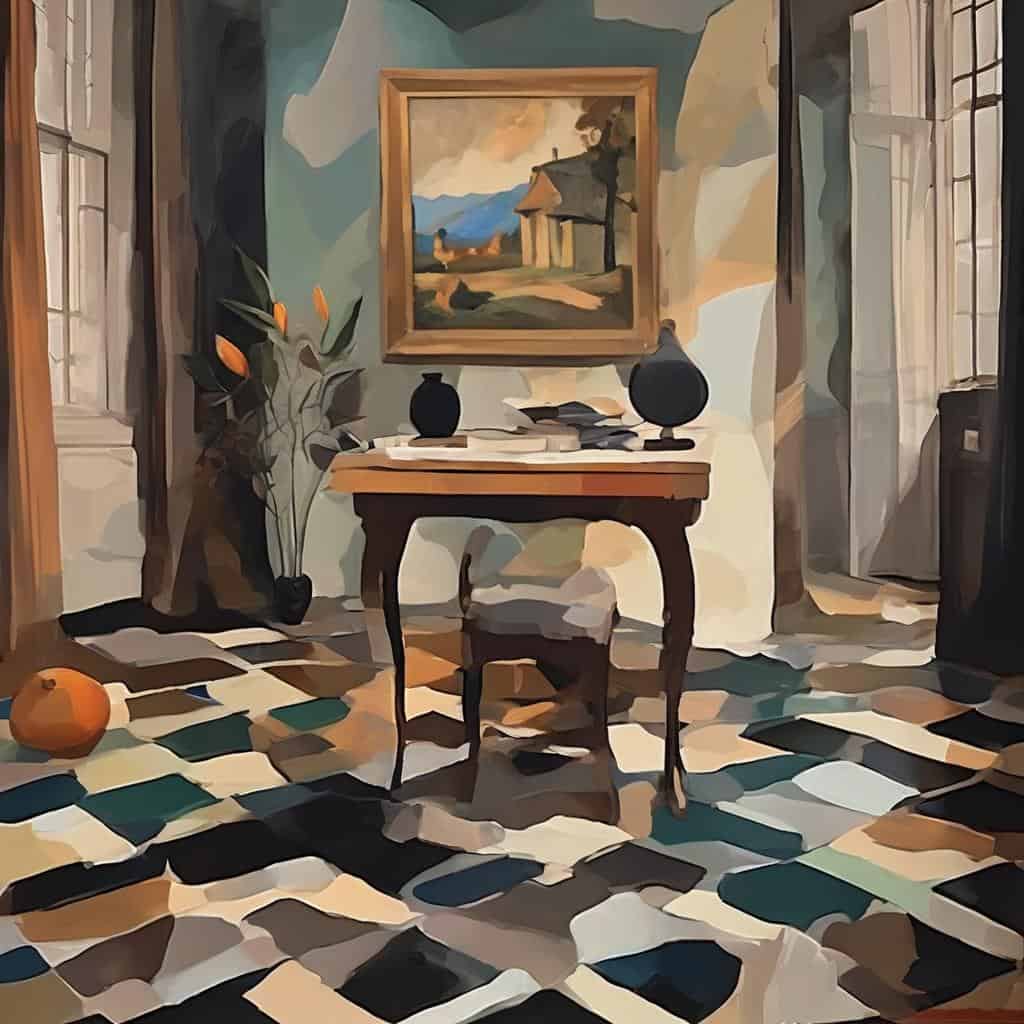 Φωτογραφία εσωτερικού χώρου τέχνης και διακόσμησης, με πίνακα, έπιπλα και διακοσμητικά στοιχεία.