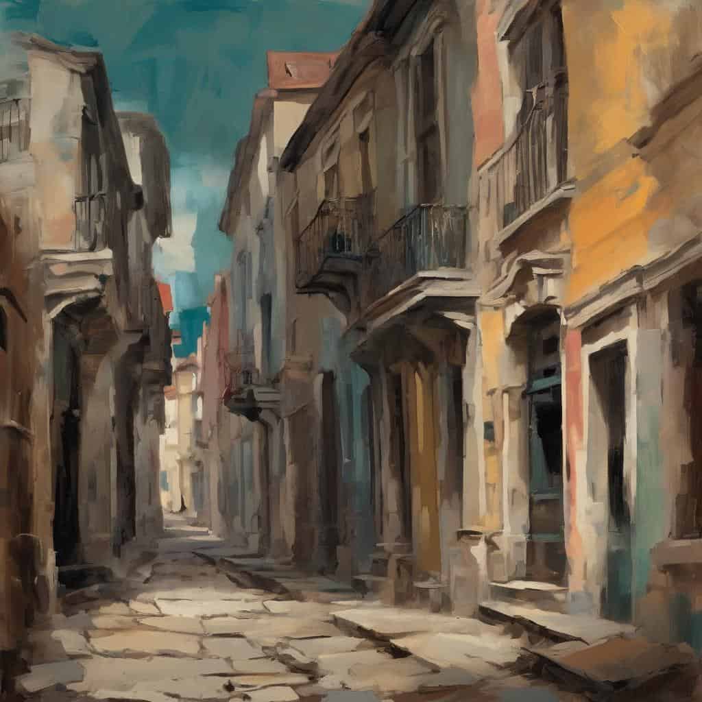 Φωτογραφία καλλιτεχνικής ζωγραφικής μιας γραφικής παλιάς γωνιάς σε δρόμο της πόλης με πολύχρωμα κτήρια και μπαλκόνια, εκφράζοντας τέχνη και έμπνευση.