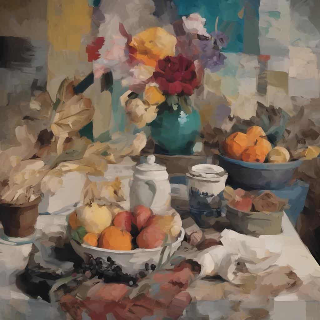 Λουλούδια σε βάζο και φρούτα σε τραπέζι, ζωγραφικά στοιχεία, τέχνη, προσωπική έκφραση, έμπνευση, still life, artisanal painting style.
